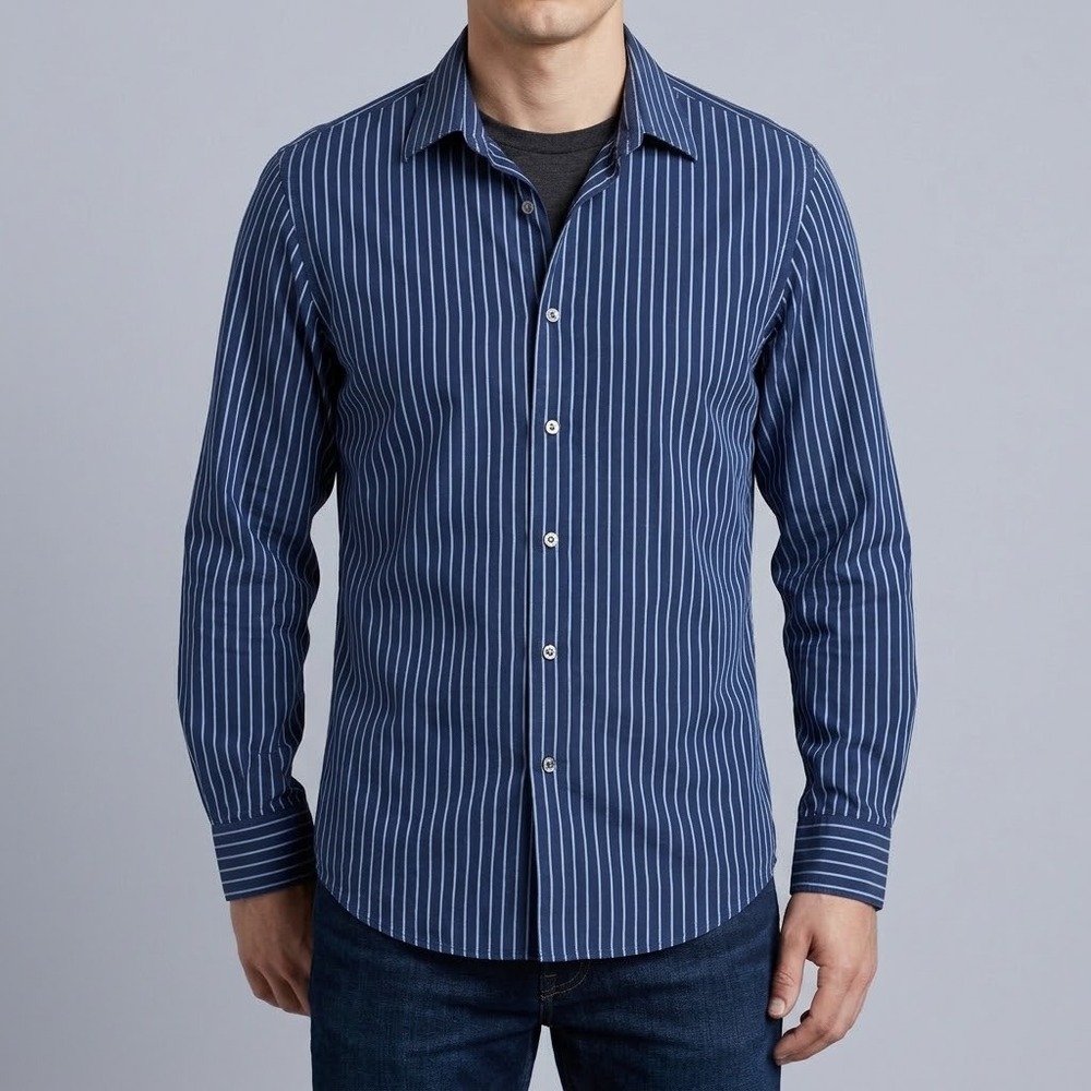 Calvin Klein Stripe Dress Shirt Mens 16.5 32/33 Blue Cotton Long Sleeve EUC